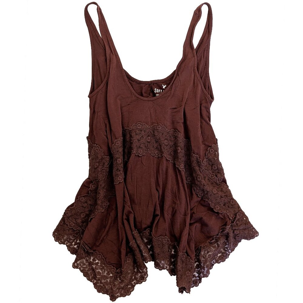 AE Soft & Sexy XXS Flowy Lace-Paneled Trapeze Tank in Rust Brown